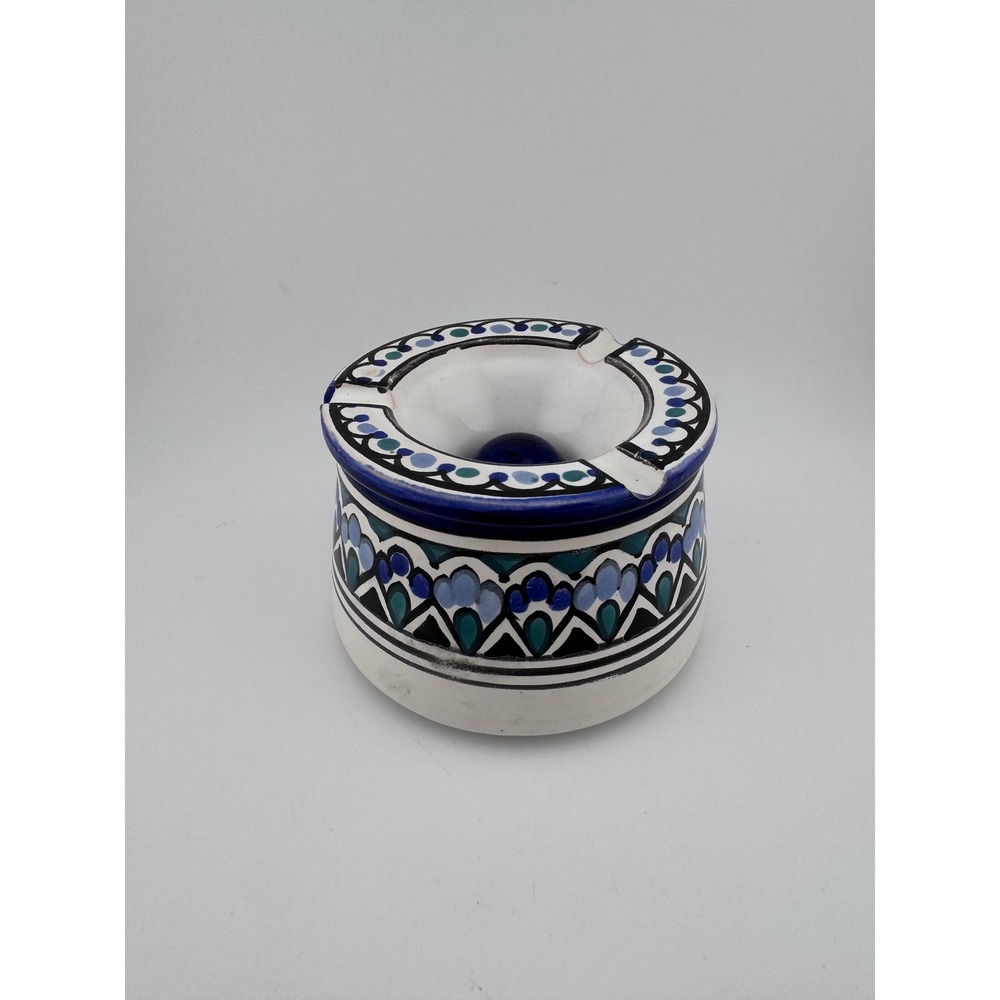 Vintage Moroccan Ceramic Handpainted Ashtray Decorative Blue Green Pattern & Lid